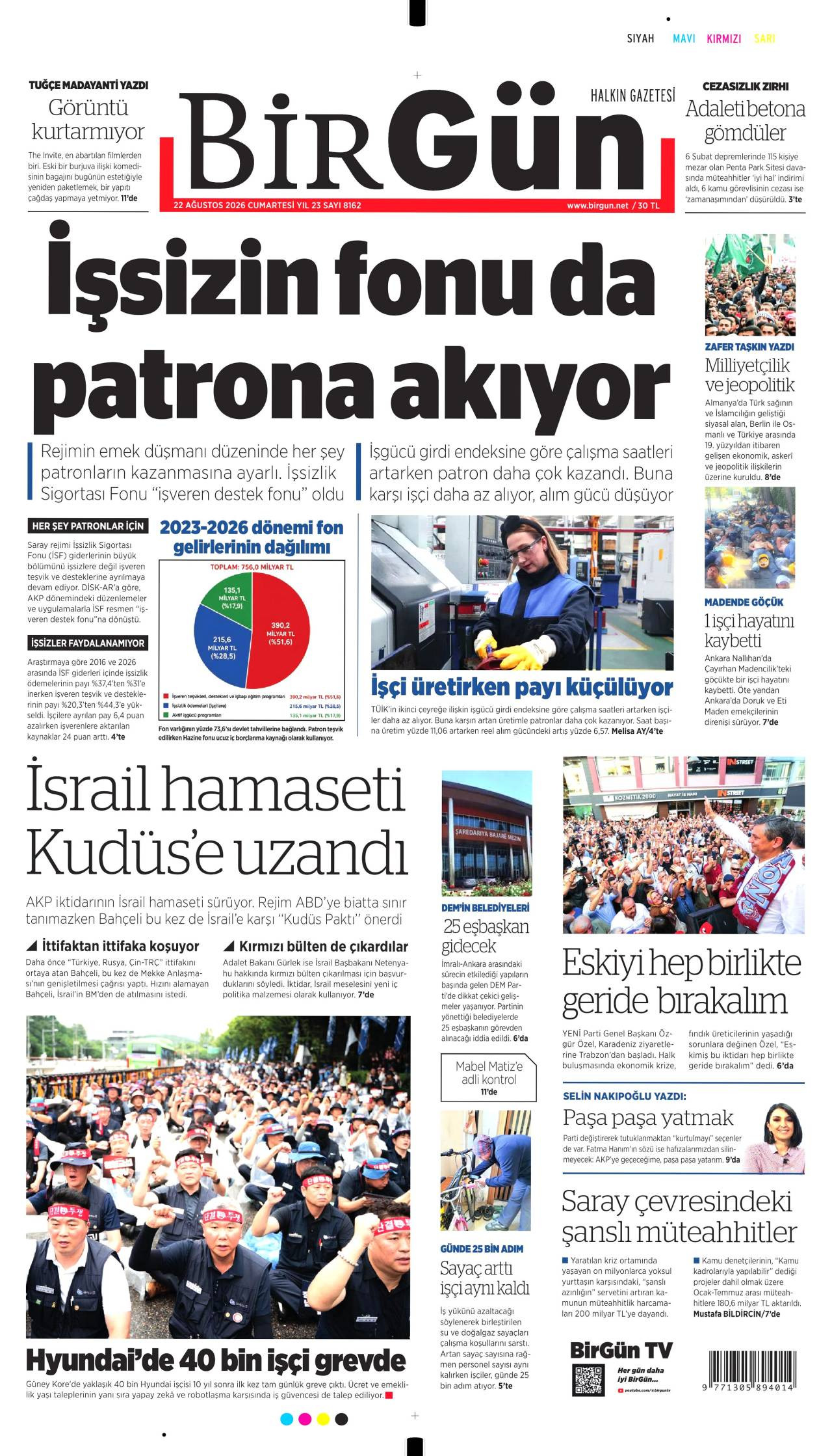 Birgün gazete manşeti 22 Ağustos 2026 Cumartesi