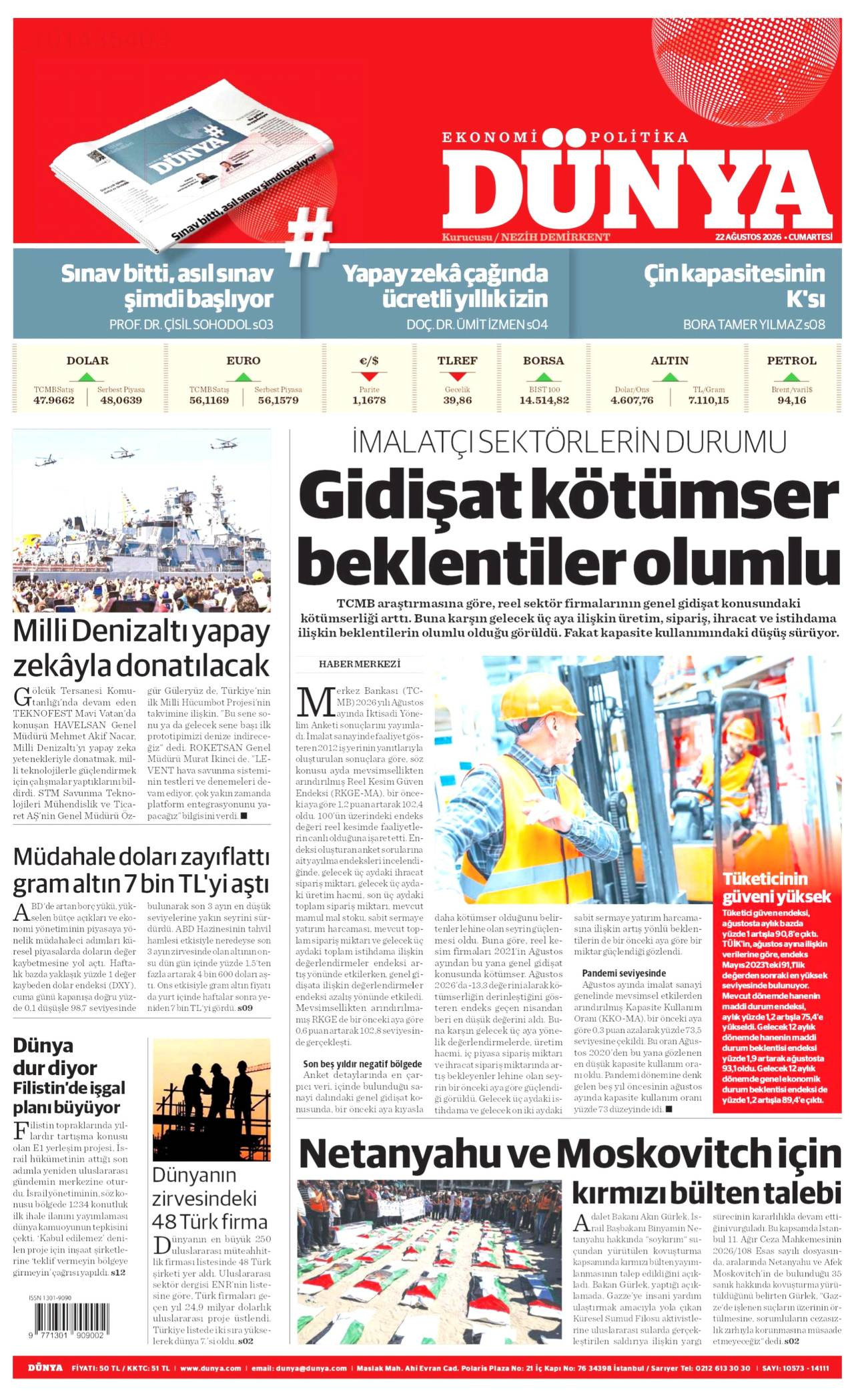 Dünya gazete manşeti 22 Ağustos 2026 Cumartesi