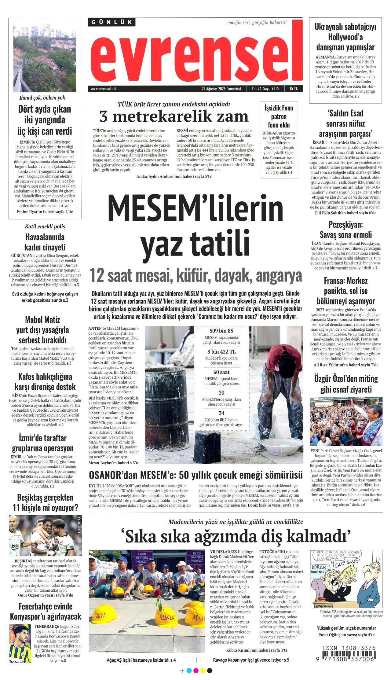 Günlük Evrensel gazete manşeti 22 Ağustos 2026 Cumartesi