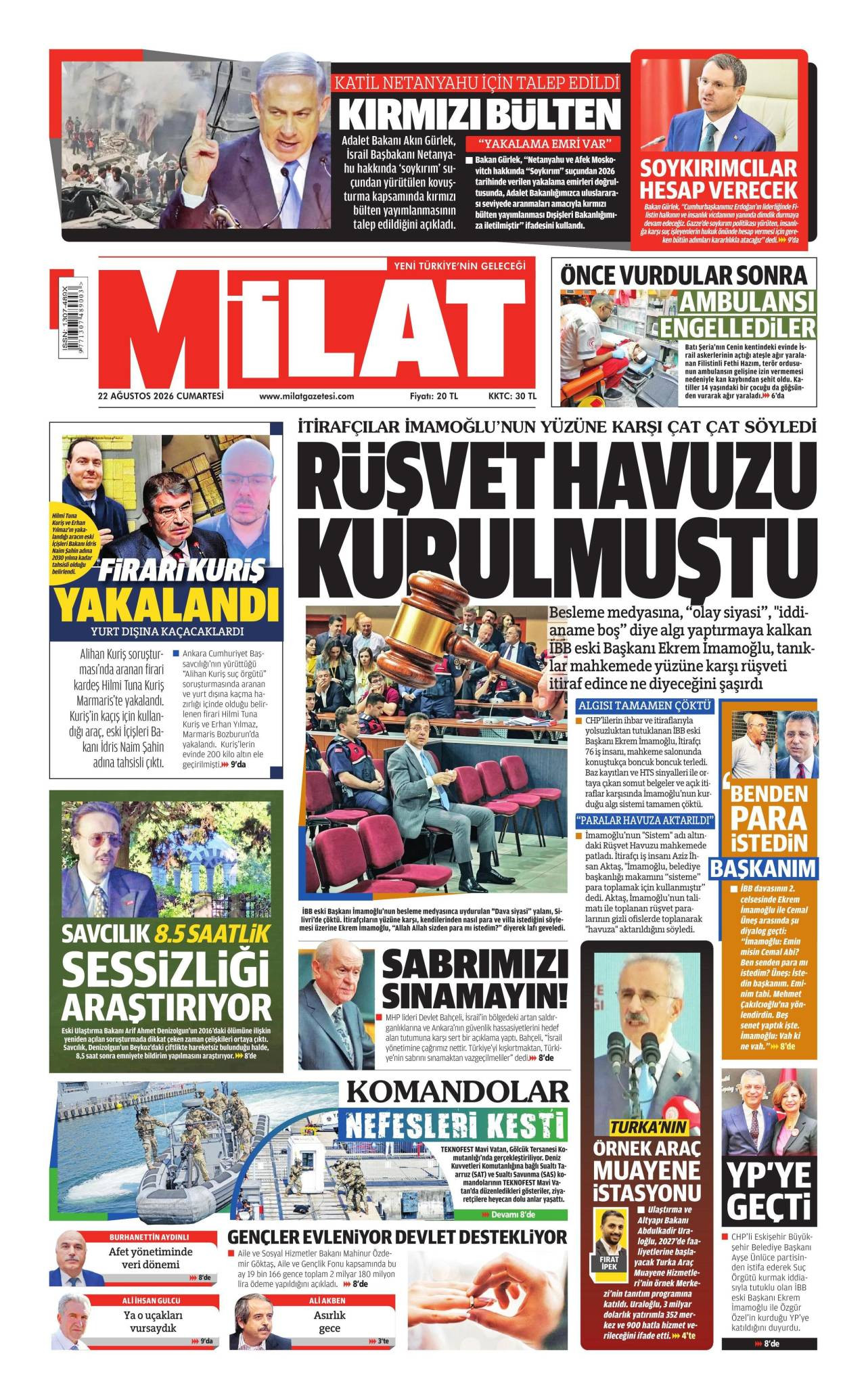 Milat gazete manşeti 22 Ağustos 2026 Cumartesi