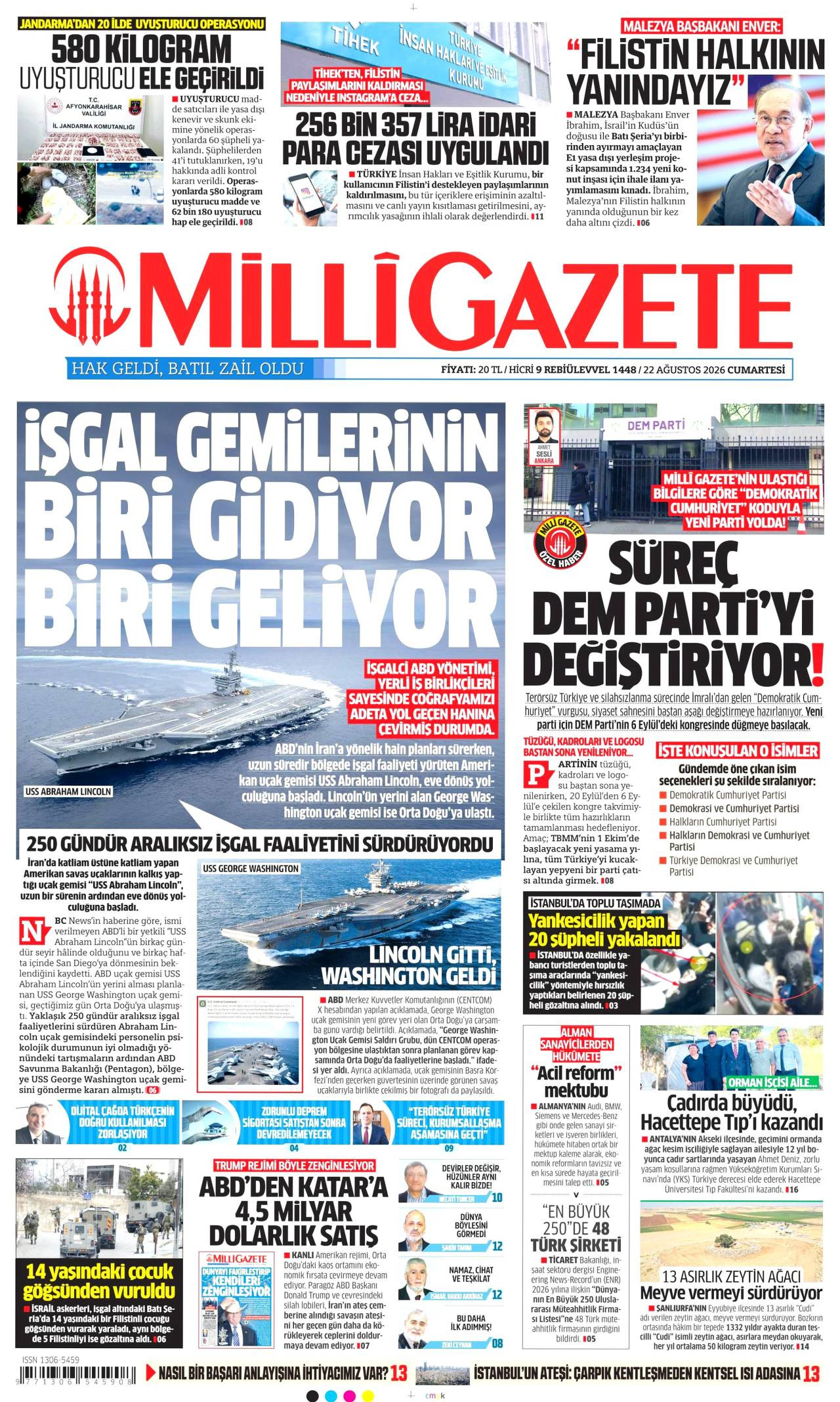 Milli Gazete gazete manşeti 22 Ağustos 2026 Cumartesi