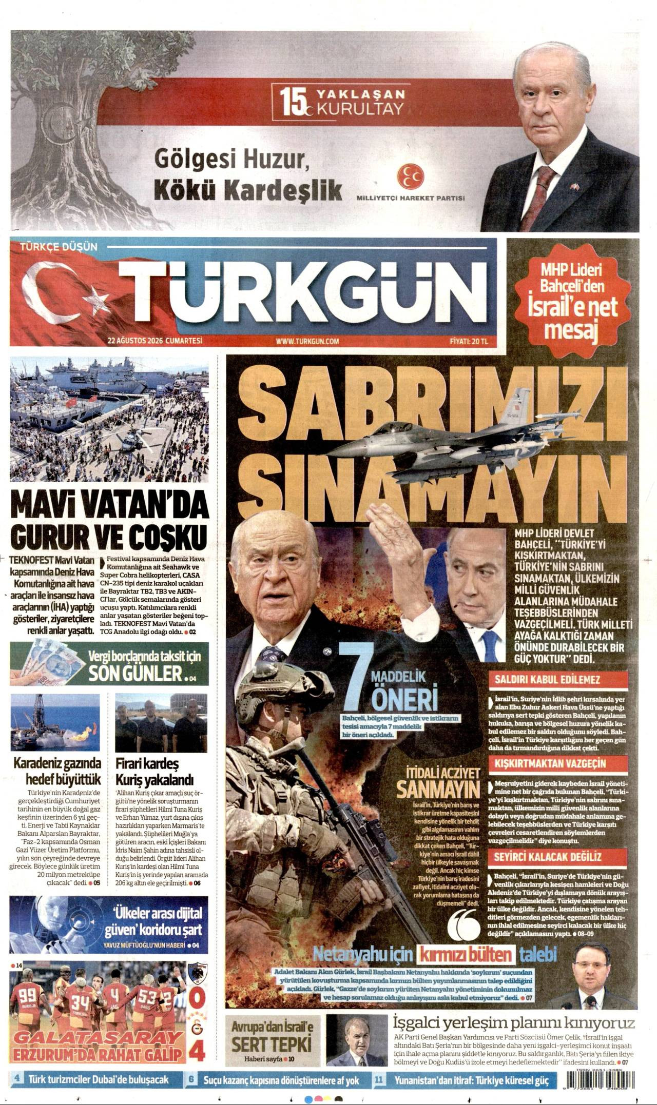 Türkgün gazete manşeti 22 Ağustos 2026 Cumartesi