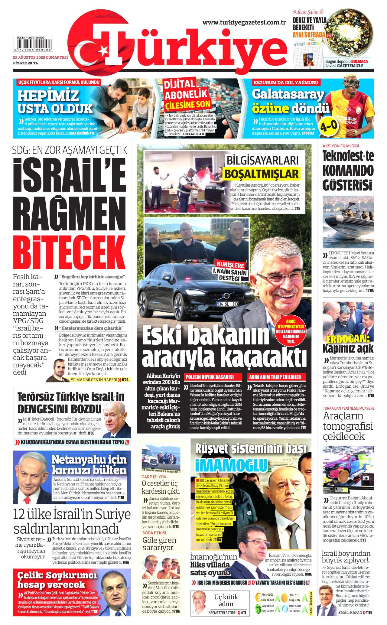 Türkiye gazete manşeti 22 Ağustos 2026 Cumartesi