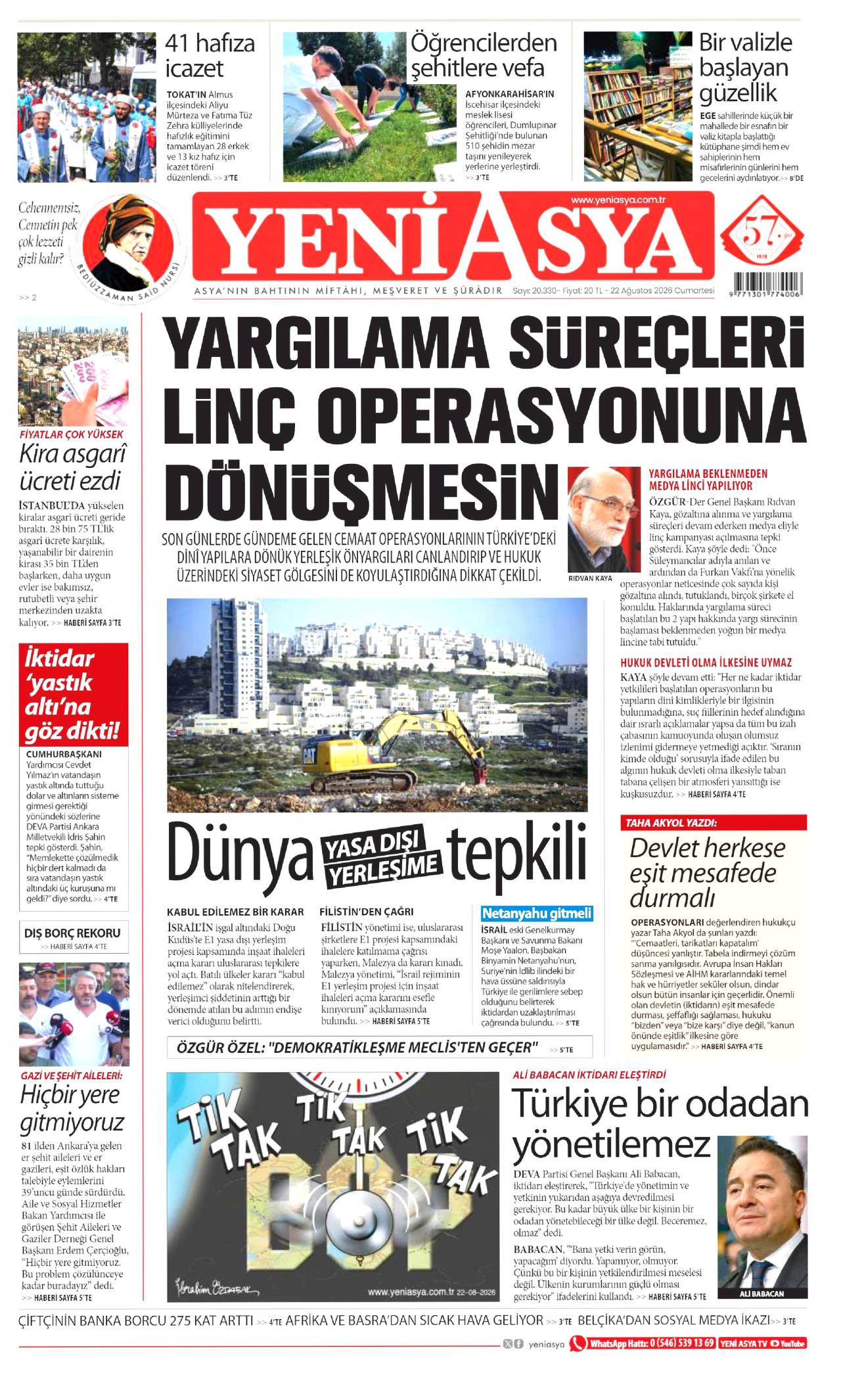 Yeni Asya gazete manşeti 22 Ağustos 2026 Cumartesi