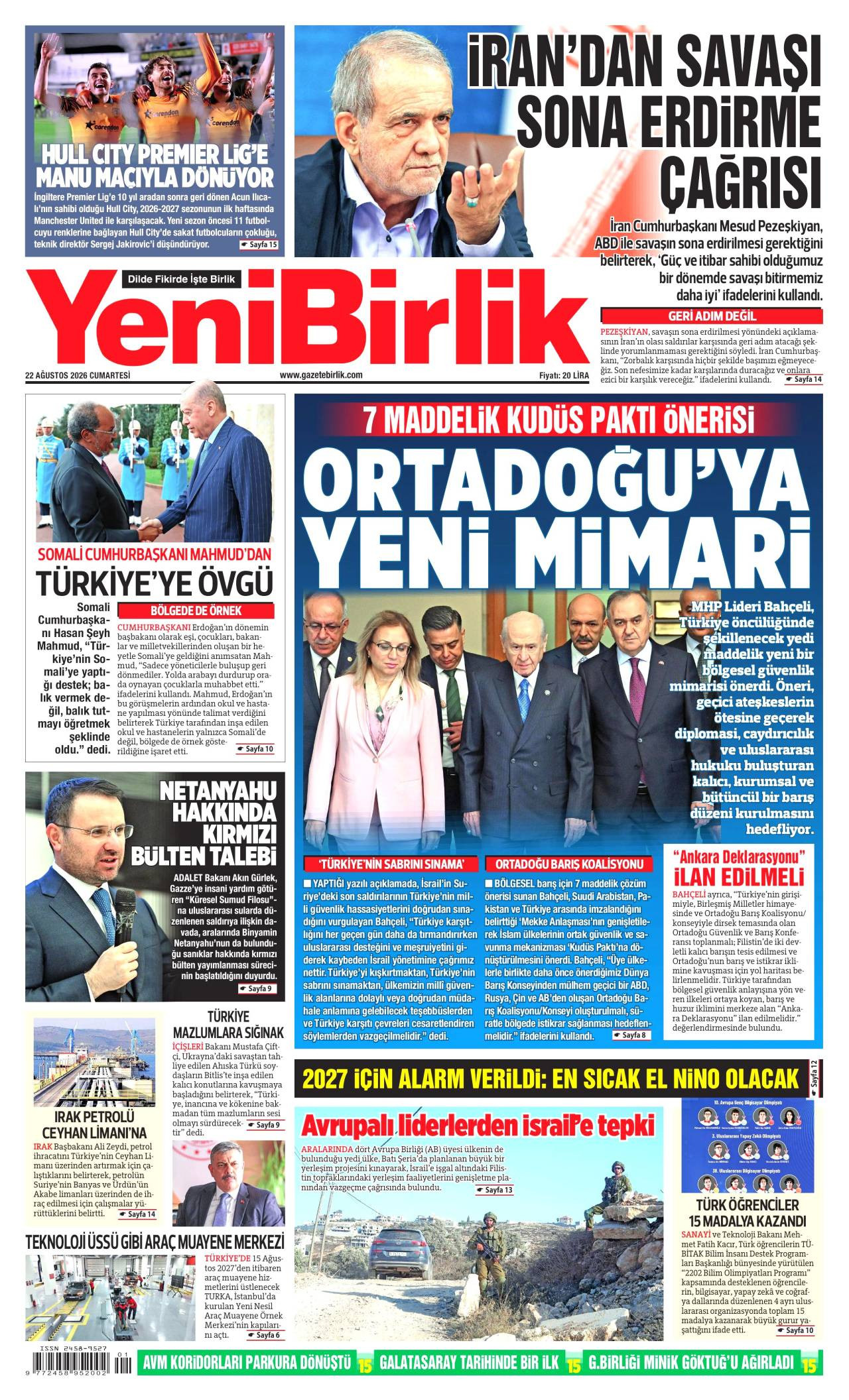 Yeni Birlik gazete manşeti 22 Ağustos 2026 Cumartesi
